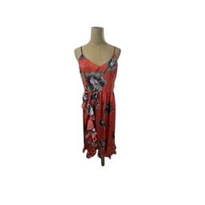 "AVEC LES FILLIES" ORANGE W/BLACK FLORAL SUNDRESS SZ 10 FAIRY BEACH BOHO RUFFLES